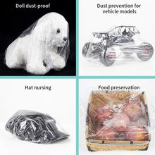 A collage of four uses for clear plastic covers: doll dust-proof, vehicle models, hat nursing, and food preservation.