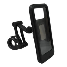 Waterproof bike phone mount with a smartphone inside, mounted on a bicycle for a ride.