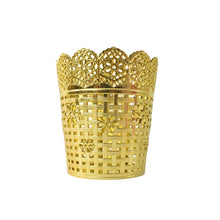 A gold plastic pen holder with a floral lace top rim and a woven basket-like body is centered on a white background.