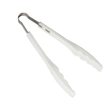 Plastic handle kitchen tongs securely gripping a slice of bread.