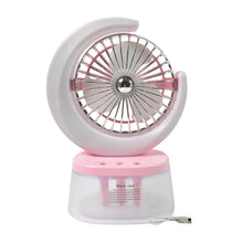 Portable camping fan with LED light and handle, ideal for outdoor use.