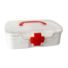 An empty medicine storage box with its lid open, showcasing the internal space and sturdy plastic construction.