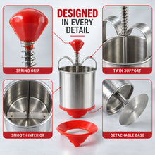 A detailed view of the stainless steel medu vada maker, showing the spring grip, twin support, smooth interior, and