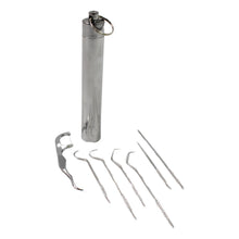 Close-up of the sleek, portable case for the stainless steel dental set.