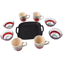 Full set of ceramic cups, glass bowls, and plastic serving plate