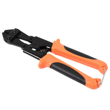 Black and orange mini bolt cutters with a safety lock, presented on a plain white background.