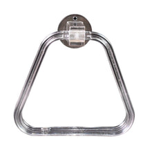 Modern bathroom setting featuring the clear square ABS towel ring holding a hand towel.