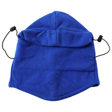 Model demonstrating winter fleece face cover with snug fit and thermal warmth