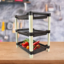 Plastic storage rack side view highlighting tier spacing