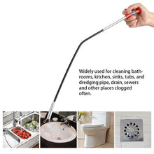 A hand holding the drain cleaner extended, with insets showing its use in a kitchen sink, bathroom sink, toilet, and floor
