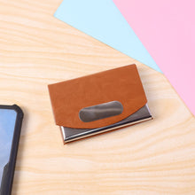 Durable stainless steel base protects cards in premium leather holder