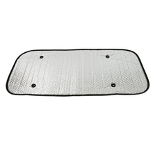Compact and foldable car sun shade for easy storage in a vehicle.