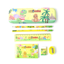 A yellow dinosaur-themed stationery set, including a pencil case, two pencils, a ruler, a notebook, an eraser, and a – view 5