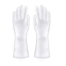 Heavy-duty cleaning gloves in use for bathroom scrubbing.