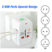 White universal travel adapter plugged into a wall, with diagrams illustrating US, AU, EU, and UK plug types.
