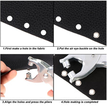 Four-step visual guide showing how to make a hole in fabric and attach an eyelet using the pliers.