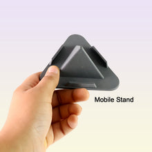 Side profile of grey pyramid mobile stand showing compact design