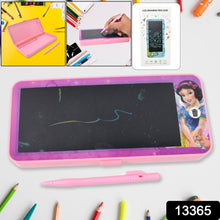 Pink LCD writing tablet pencil case with Snow White design and a pink stylus, surrounded by colored pencils.