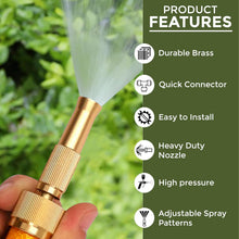 A close-up of a brass hose nozzle spraying water, with a list of product features like 