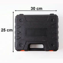 A closed black plastic carrying case with orange latches, displaying dimensions of 30 cm by 25 cm.