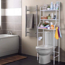Diagram illustrating the expandable length and stable design of the metal bathroom storage rack.