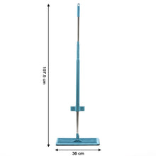 A full view of the blue and silver flat mop with dimensions of 107.5 cm height and 36 cm width.