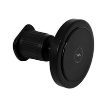 A black magnetic wireless car charger with a subtle lightning bolt symbol, shown from an angled side view on a white