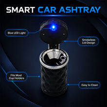 A black car cup holder ashtray with labels pointing to its blue LED light, smokeless lid design, and ease of cleaning.
