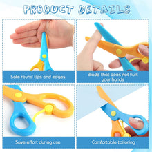 A four-panel image detailing the features of the child-safe plastic scissors, including rounded tips.