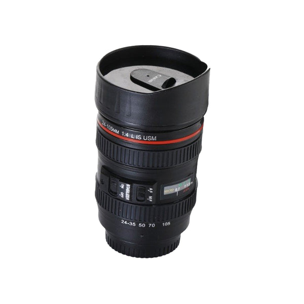 Camera lens shaped coffee mug with lid, perfect for photography enthusiasts.