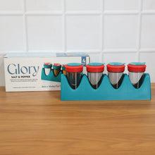 4-in-1 spice shaker set with stand showing dimensions and packaging