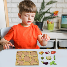 Complete wooden vegetable puzzle board showcasing various colorful vegetables.