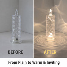 A split image showing the clear faceted crystal LED candle light unlit on the left and glowing warmly on the right.