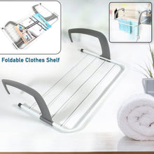 White and gray foldable clothes shelf with two inset images showing it in use and folded, with a rolled white towel.