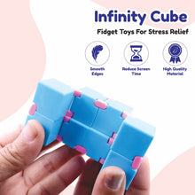 Infinity Cube fidget toy with smooth hinge mechanism in bright colors