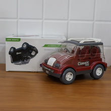 Top view of friction-powered classic jeep toy for indoor use