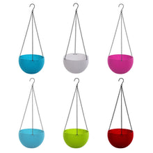 A single round plastic hanging flower pot with a plant inside, ready for display.