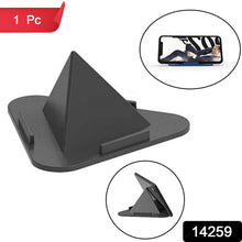 A black pyramid mobile stand with two circular insets showing a phone and tablet in use