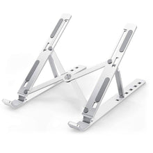 Ergonomic portable laptop stand elevating a laptop on a wooden desk, enhancing workspace.