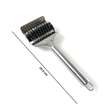 Side view of multi-blade dough cutter roller for kitchen use