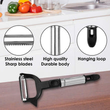 Top-down view of the dual-blade julienne vegetable peeler.