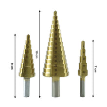 Detail of the hexagonal shank on a titanium-coated HSS steel step drill bit for secure grip.