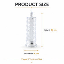 A clear faceted crystal LED candle light with its dimensions, 18 cm height and 6 cm diameter, displayed.