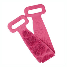 Silicone body scrubber with belt design, available in various colors.