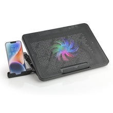 Side view of the adjustable laptop cooling pad demonstrating its multiple height settings.