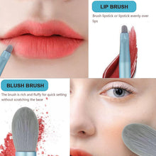 The 8-piece makeup brush set organized within its clear zipper pouch for easy storage.