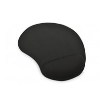 A black ergonomic mouse pad with a prominent wrist support cushion on a white background.