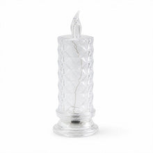 A clear faceted crystal LED candle light, unlit, on a plain white background.