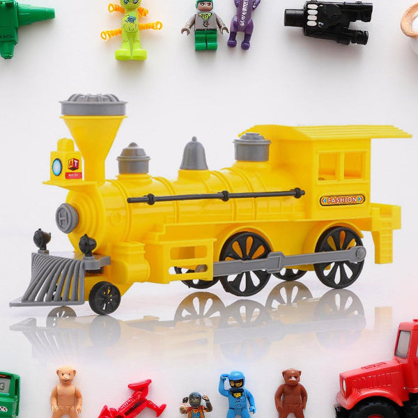 Vibrant Pull Back Train Toy with LED lights illuminated, side view.
