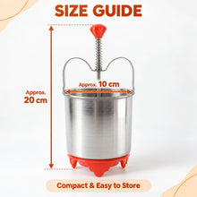 A stainless steel medu vada maker with a red handle and red base, showing approximate dimensions of 20 cm height and 10 cm